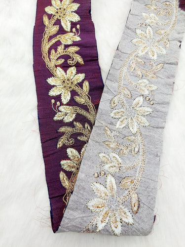 Wine Red Art Silk Fabric Trim With Gold Zari Embroidery, Floral Embroider Trimming, Trim By The Yard